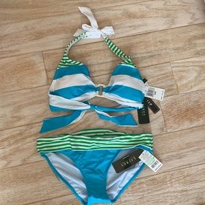 Ralph Lauren Blue Green White RARE Sz32 D Cup 2-Piece Triangle String Bikini Set